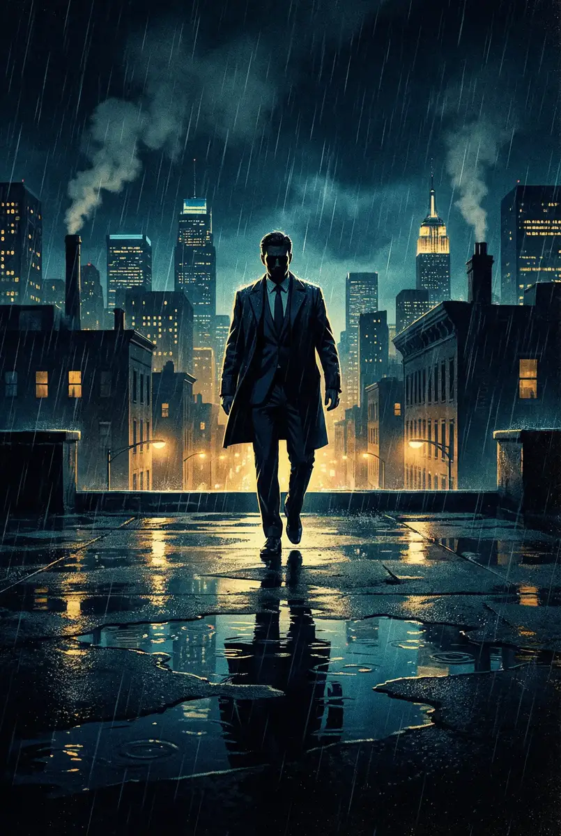 柳龙庭传电视剧 出品影片《雨夜独行者》海报，雨中城市屋顶男性剪影